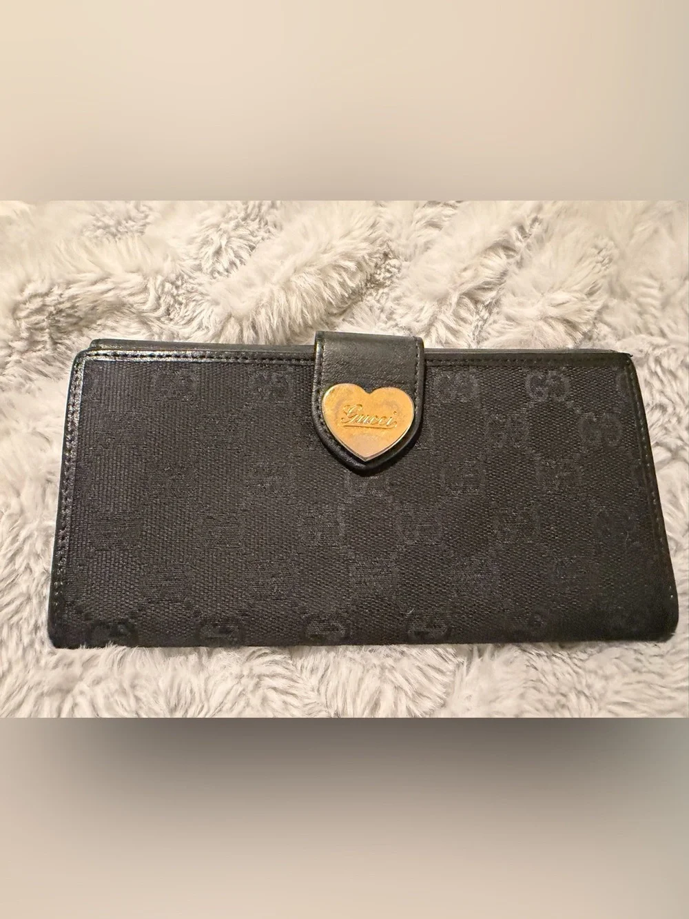 Gucci Black Wallet with Gold Heart Plaque